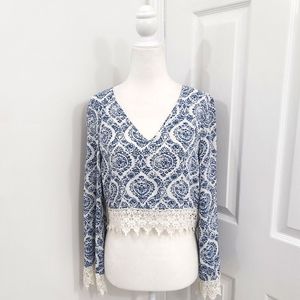 Blue and White Long Sleeve Lace Crop Top